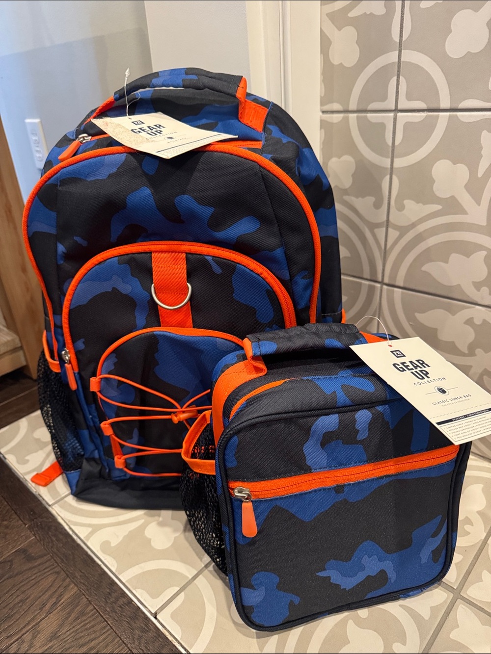 Pottery Barn Teen Backpack & Lunch Bag Set - Blue/Black with Orange Trim